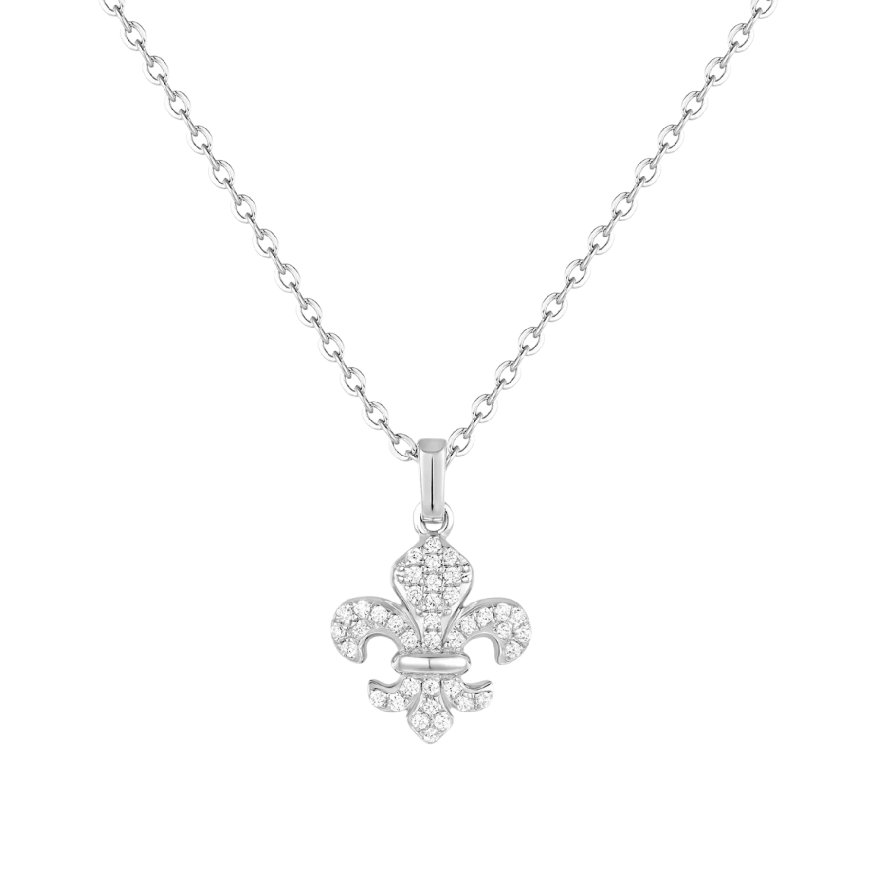 Silver fleur-de-lis pendant necklace on a white background