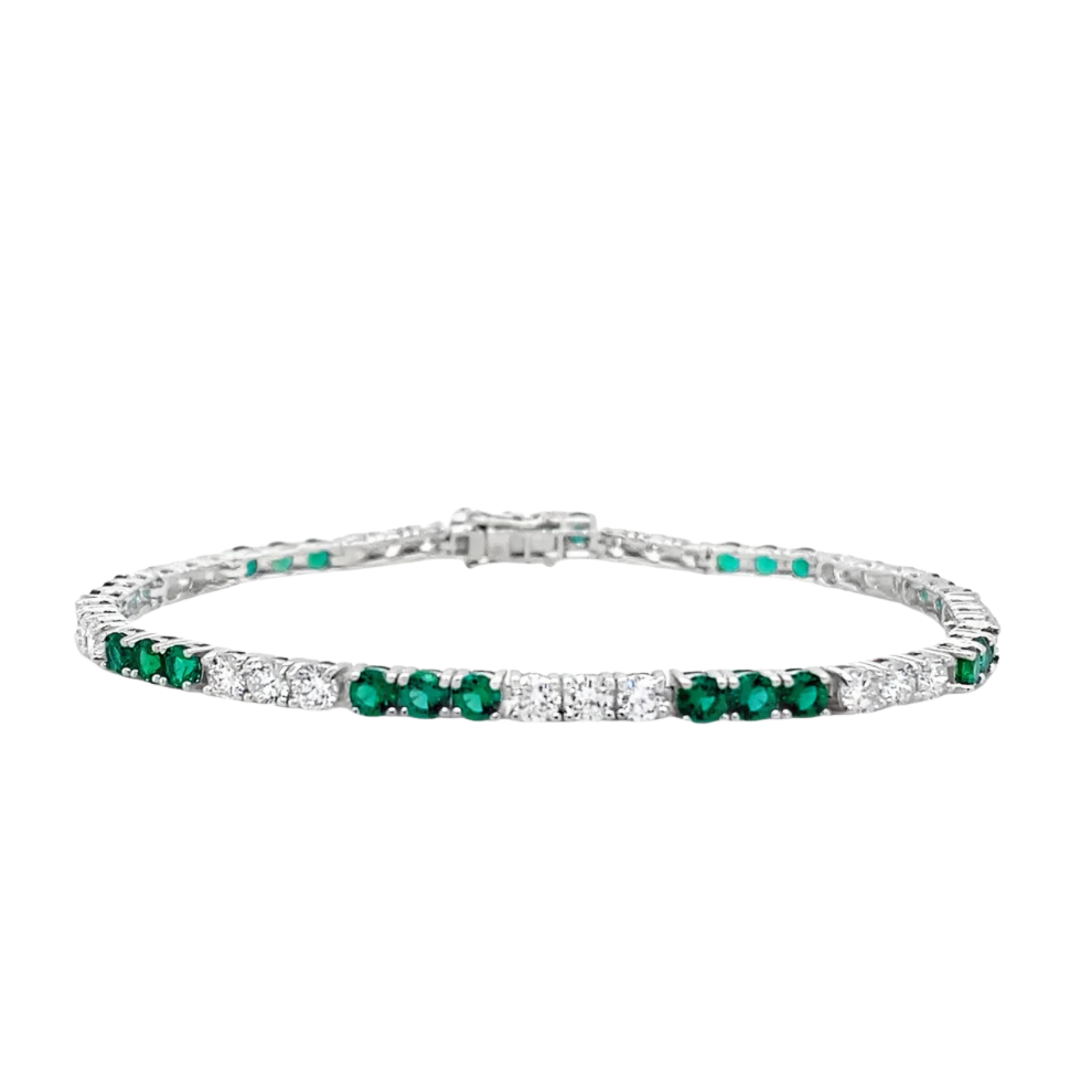 Silver bracelet with green gemstones on a white background