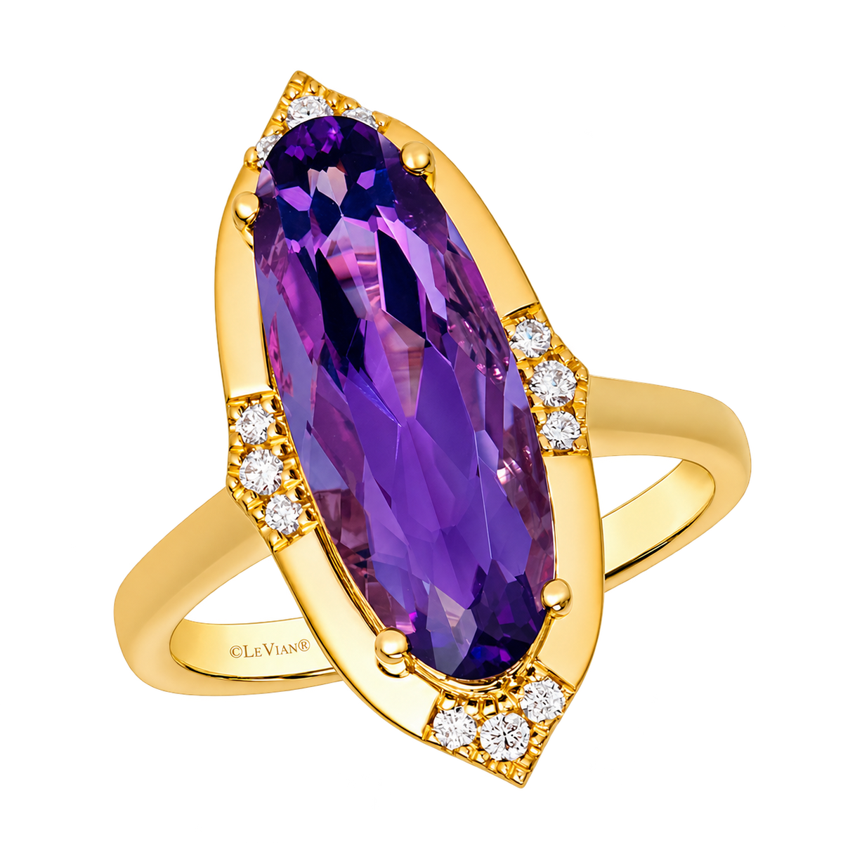 Le Vian JOLO 38 ring in 14K Honey Gold with a 4.00CTW. elongated oval purple Grape Amethyst and 0.10CTW. Vanilla Diamond accents in a sculpted gold frame.