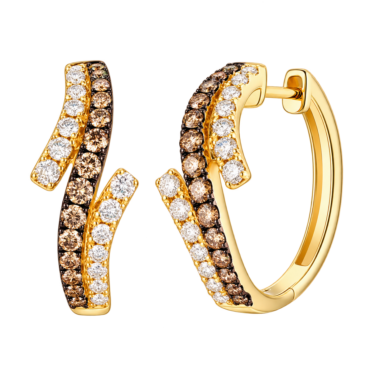 Le Vian U-TRFO 25 hoop earrings in 14K Honey Gold with curved rows of 0.63CTW. Chocolate Diamonds and 0.63CTW. Nude Diamonds in an open bypass design.
