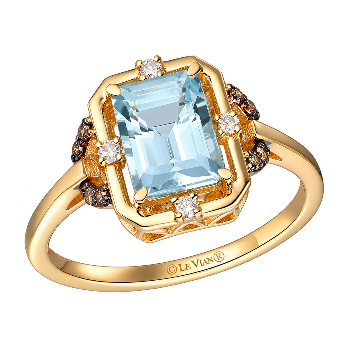 Le Vian U-TRTV 584A ring in 14K Honey Gold with a 1.25CTW. rectangular Sea Blue Aquamarine, 0.05CTW. Nude Diamond accents, and 0.05CTW. Chocolate Diamond side accents.