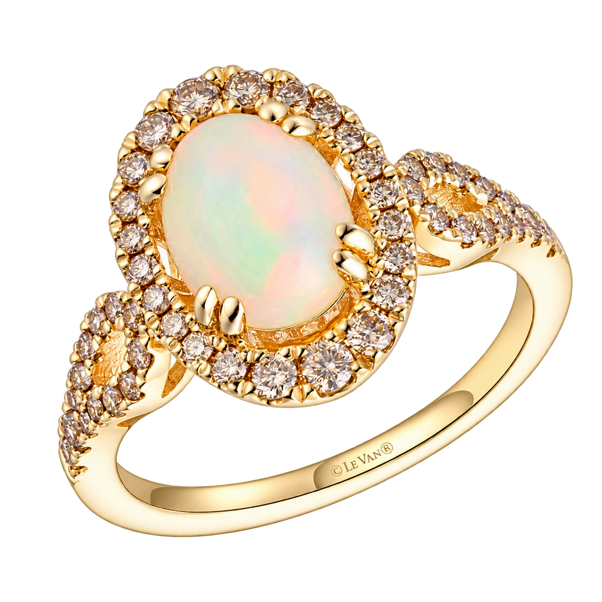 Le Vian U-TSXX 42 ring in 14K Honey Gold featuring a 1.00CTW. oval Neopolitan Opal, 0.50CTW. Nude Diamond halo, and diamond-accented openwork shoulders.