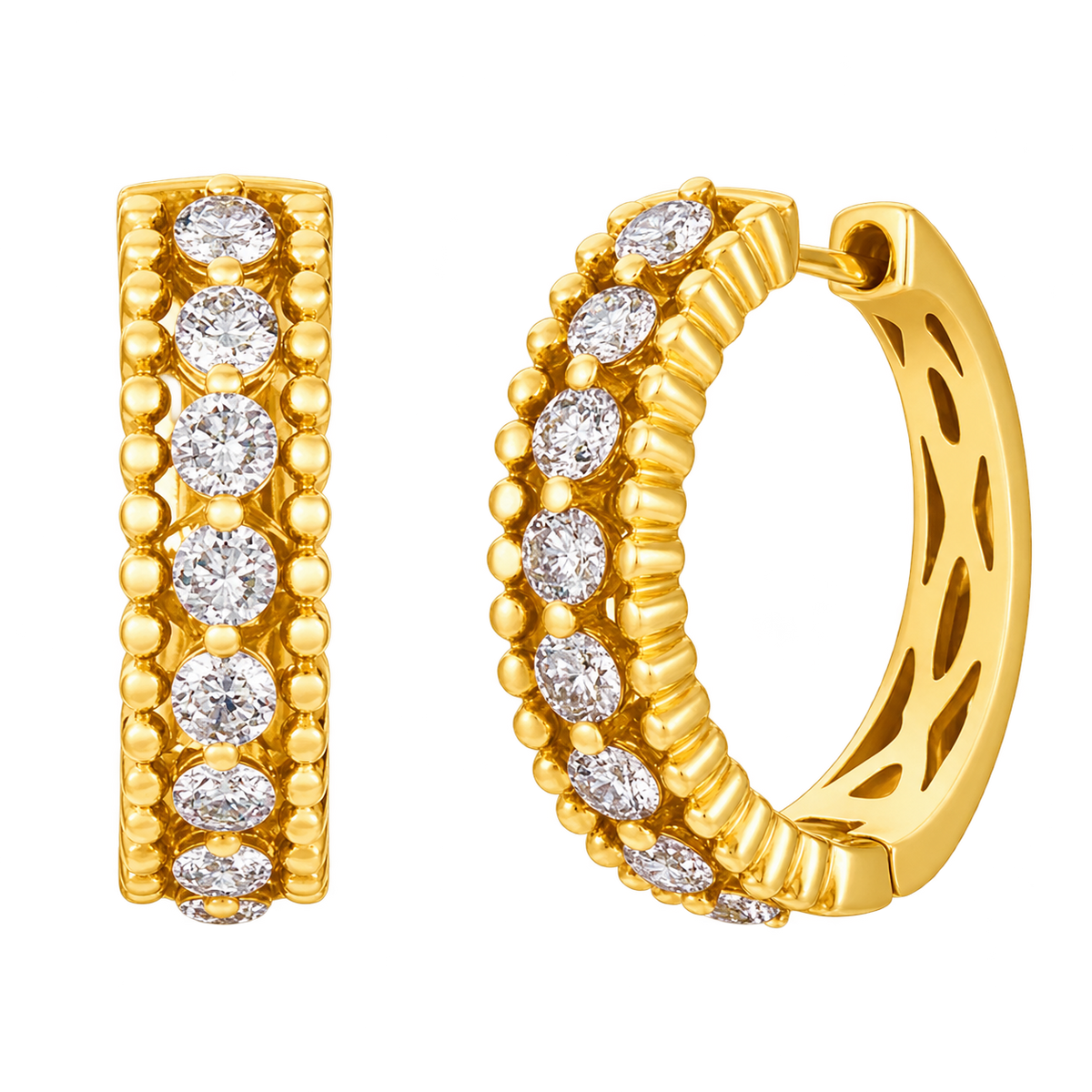 Le Vian U-WJGF 51 hoop earrings in 14K Honey Gold featuring 1.00CTW. round Nude Diamonds with beaded gold borders, shown from the front and at an angle.