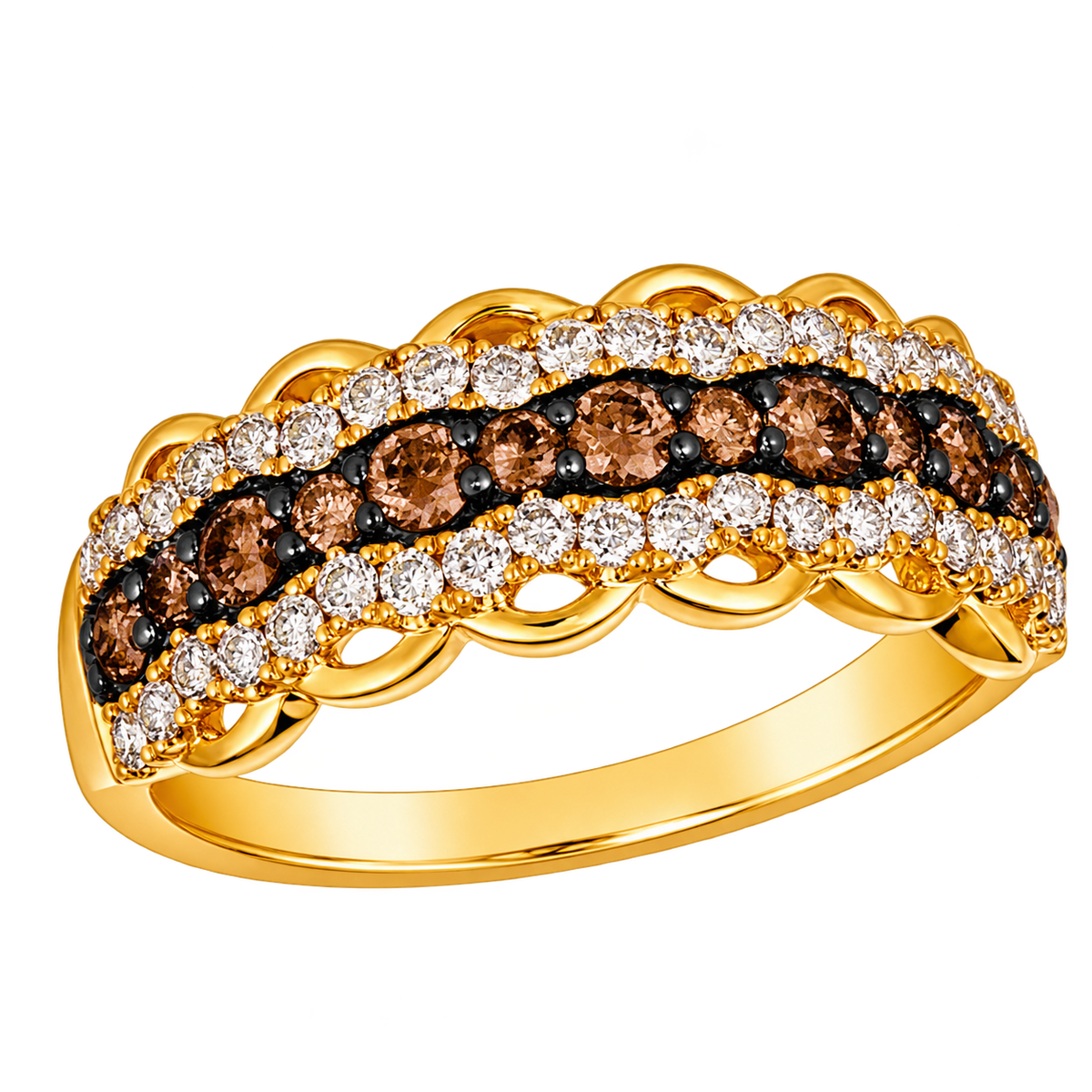 Le Vian U-WJQR 8A ring in 14K Honey Gold with a center row of 0.50CTW. Chocolate Diamonds, 0.38CTW. Nude Diamond borders and scalloped gold edges.
