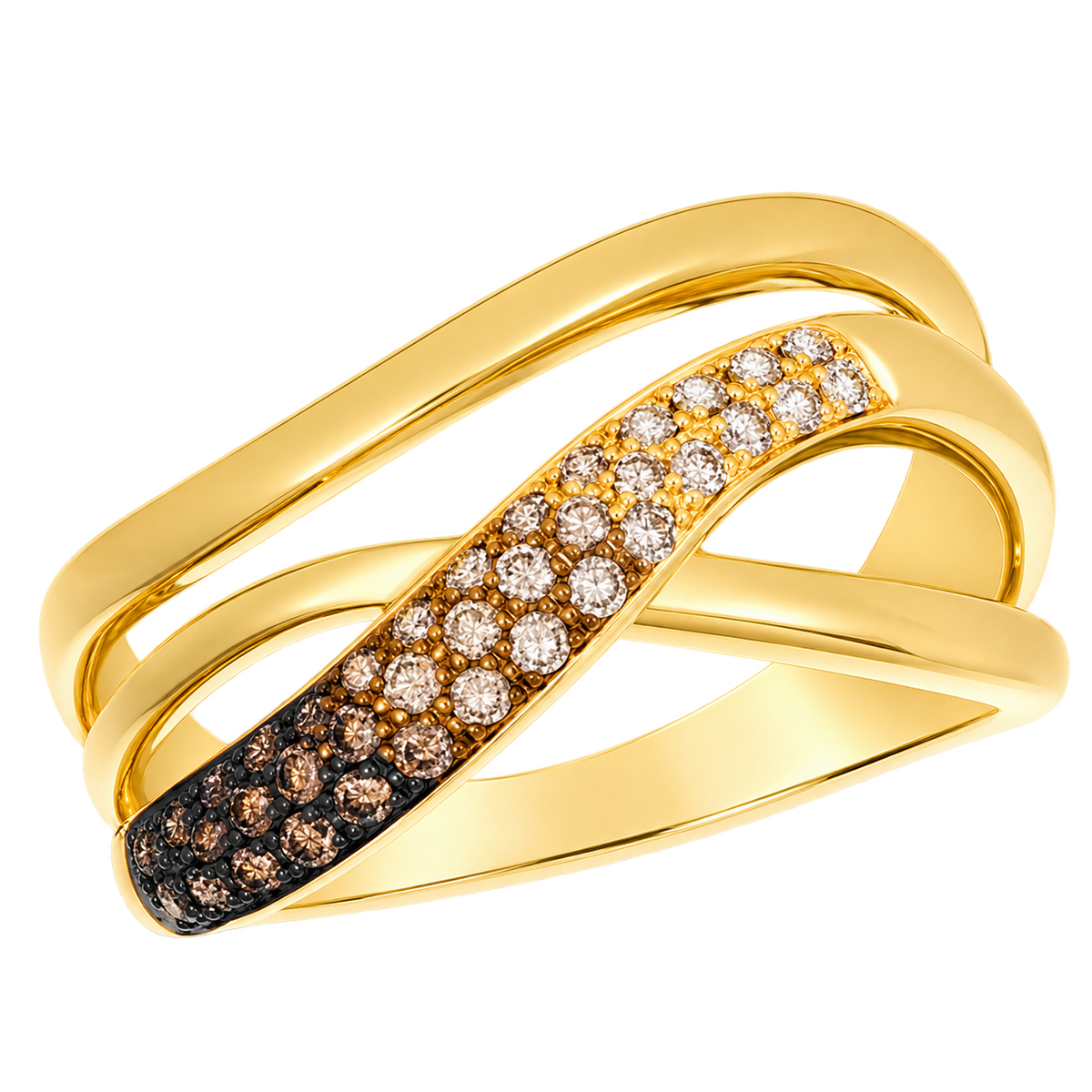 Le Vian U-WKCG 4 open crossover ring in 14K Honey Gold with a curved strand of 0.20CTW. Chocolate Ombré Diamonds and 0.17CTW. Nude Diamonds.