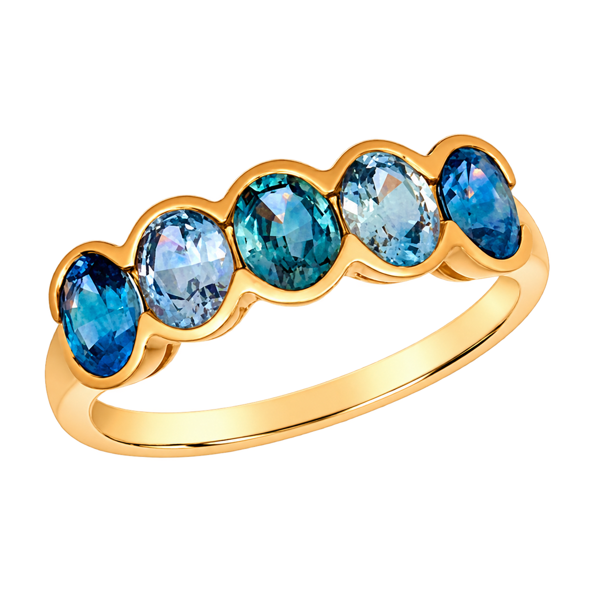 Le Vian U-WKJR 3 ring featuring five oval Montana Sapphire Ombré gemstones totaling 1.75CTW. in scalloped 14K Honey Gold bezel settings.
