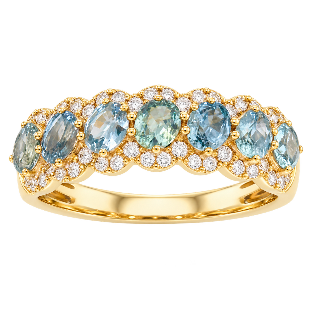 Le Vian U-WKLZ 7Y ring in 14K Honey Gold with oval Montana Sapphire Ombré gemstones totaling 1.25CTW. and scalloped halos of 0.25CTW. Vanilla Diamonds.
