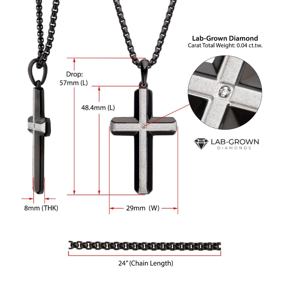 Black cross pendant necklace with measurements and lab-grown diamond details on a white background