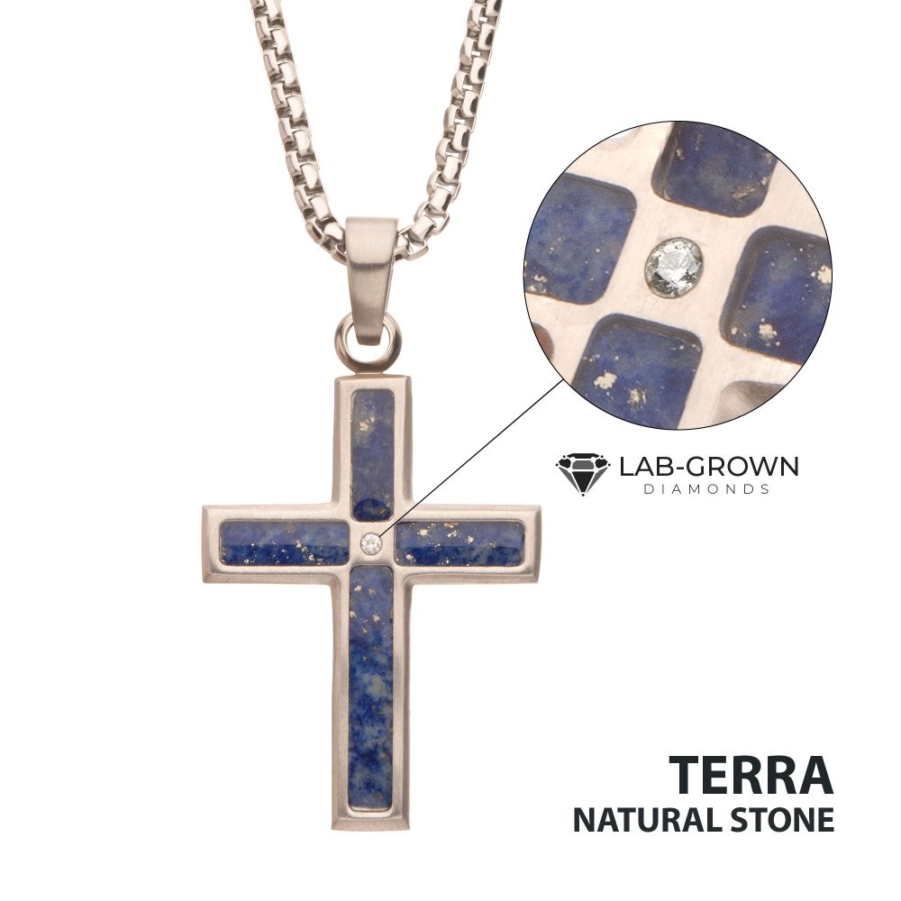 Stainless Steel Matte Finish Lapis Lazuli Inlay & Lab-Grown Diamond Accented Cross Pendant Necklace on white background with collection notes