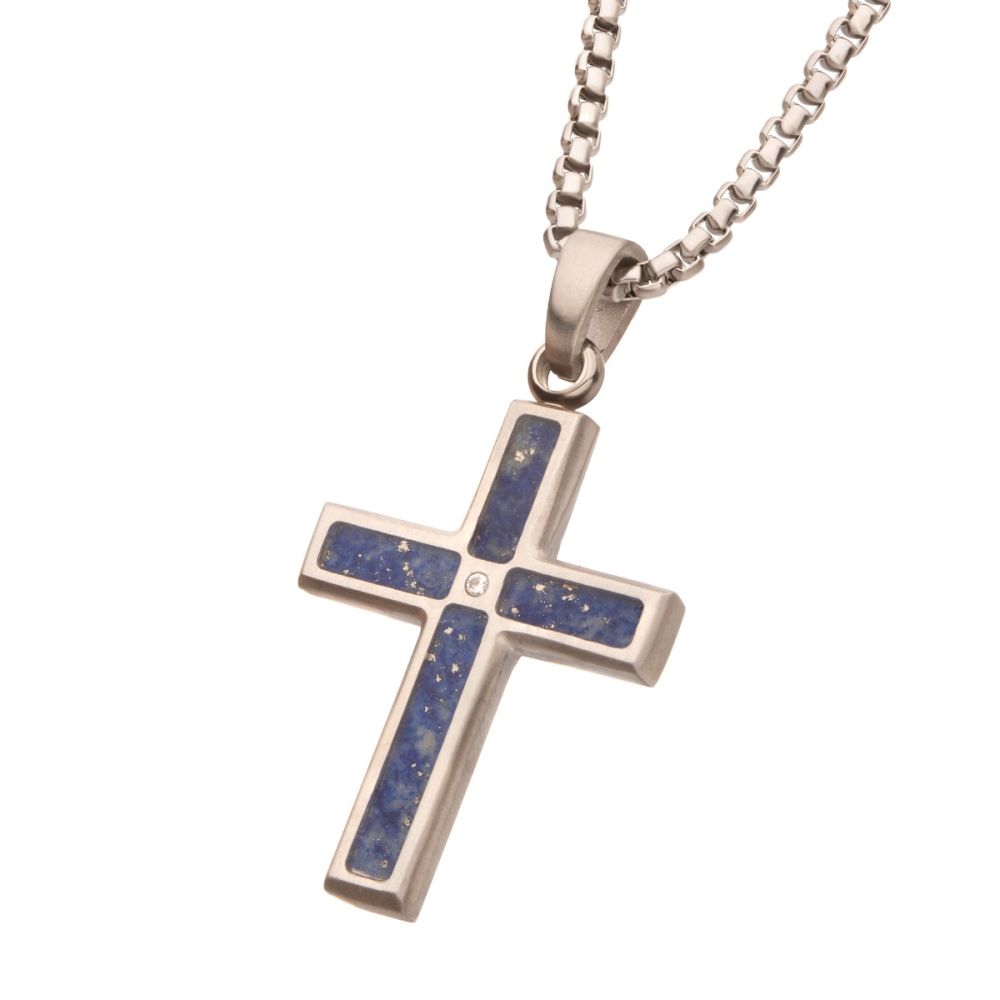Angled view of Stainless Steel Matte Finish Lapis Lazuli Inlay & Lab-Grown Diamond Accented Cross Pendant Necklace