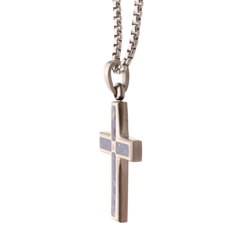 Side view of Stainless Steel Matte Finish Lapis Lazuli Inlay & Lab-Grown Diamond Accented Cross Pendant Necklace