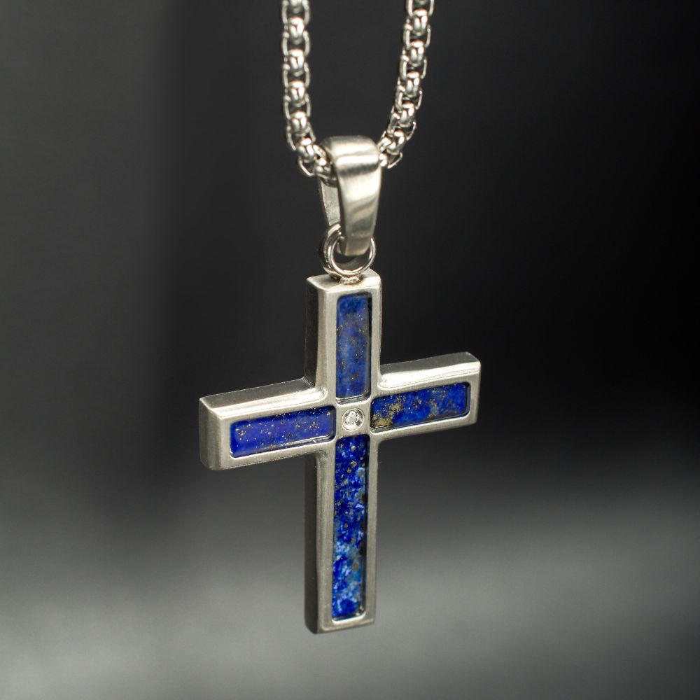 Stainless Steel Matte Finish Lapis Lazuli Inlay & Lab-Grown Diamond Accented Cross Pendant Necklace with gray background