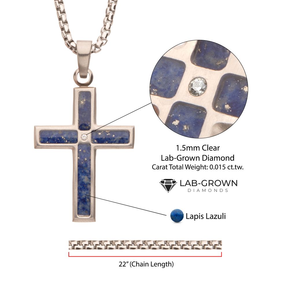 Stainless Steel Matte Finish Lapis Lazuli Inlay & Lab-Grown Diamond Accented Cross Pendant Necklace with chain and stone details listed