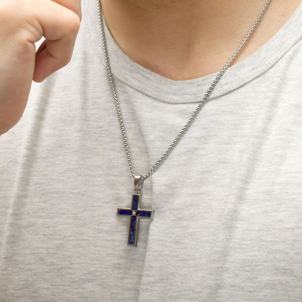 Stainless Steel Matte Finish Lapis Lazuli Inlay & Lab-Grown Diamond Accented Cross Pendant Necklace on a model