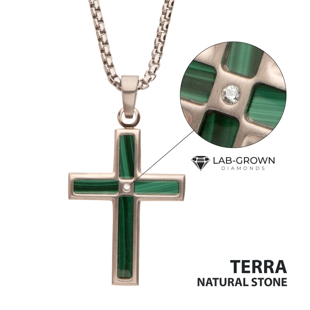 Stainless Steel Matte Finish Malachite Inlay & Lab-Grown Diamond Accented Cross Pendant Necklace on white background with collection title