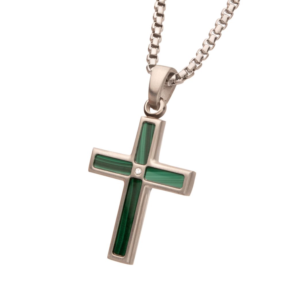 Angled view of Stainless Steel Matte Finish Malachite Inlay & Lab-Grown Diamond Accented Cross Pendant Necklace on white background
