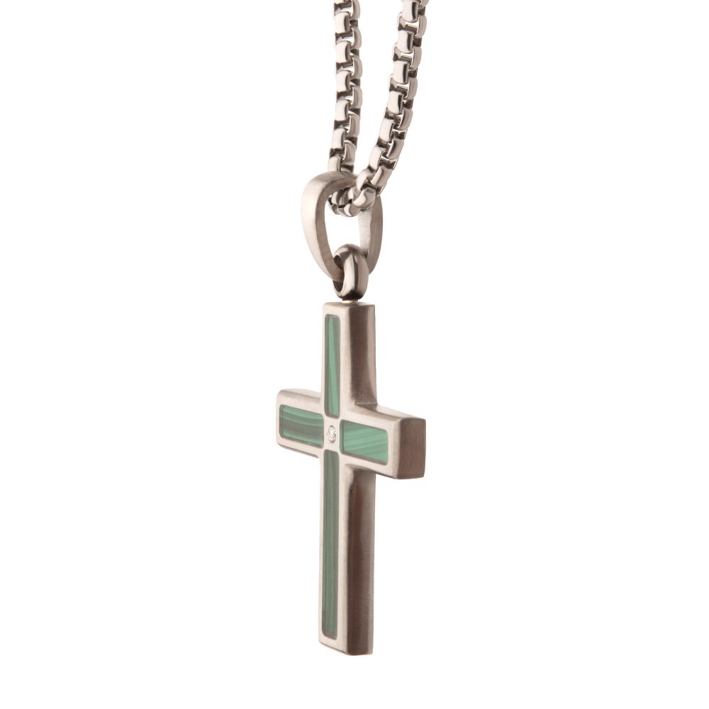 Side view of Stainless Steel Matte Finish Malachite Inlay & Lab-Grown Diamond Accented Cross Pendant Necklace on white background