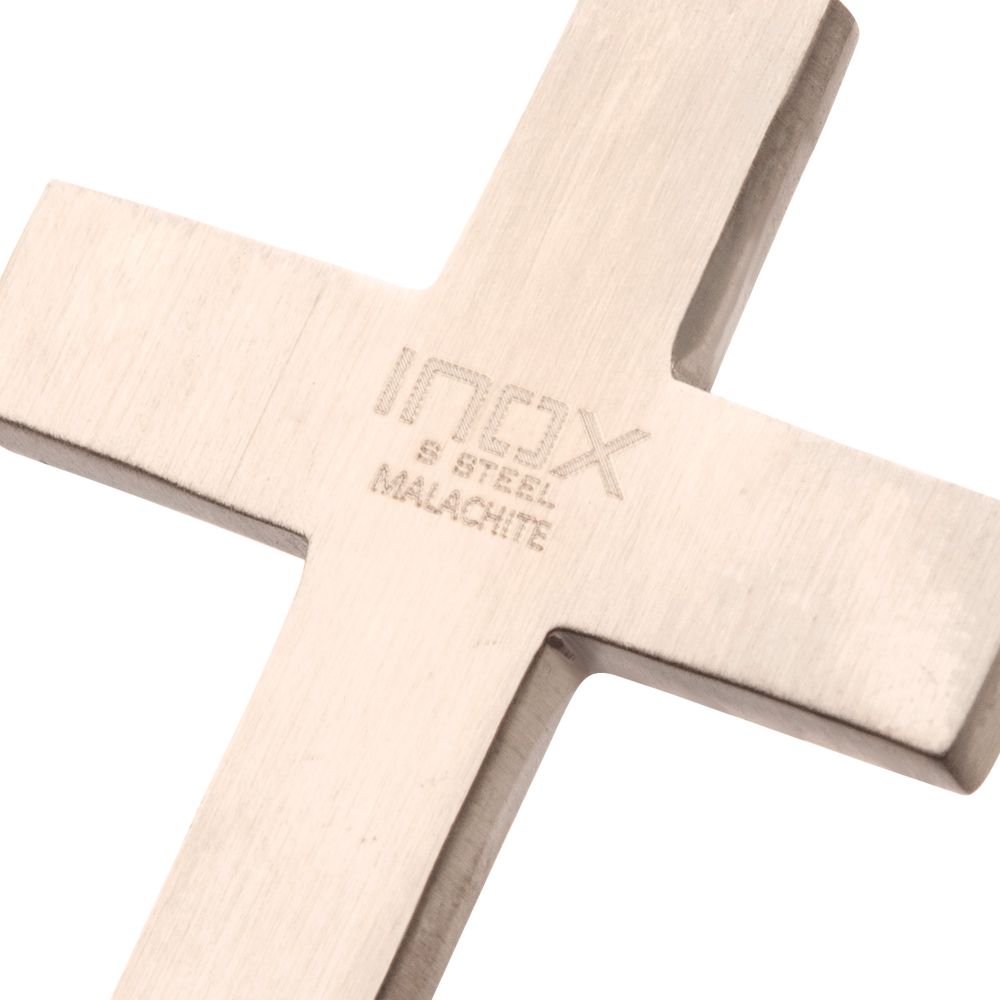 Back view of Stainless Steel Matte Finish Malachite Inlay & Lab-Grown Diamond Accented Cross Pendant Necklace on white background