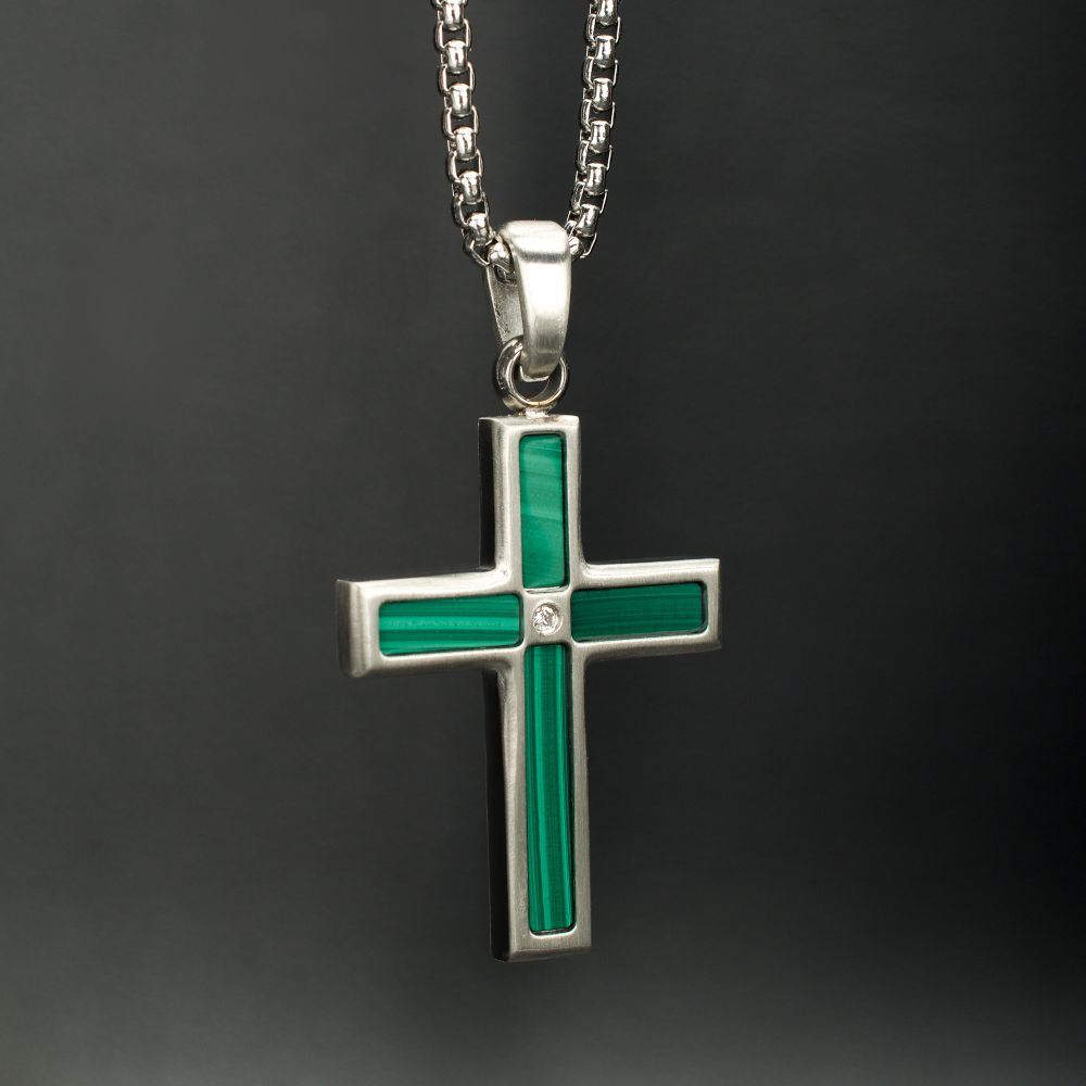 Stainless Steel Matte Finish Malachite Inlay & Lab-Grown Diamond Accented Cross Pendant Necklace on a gray background
