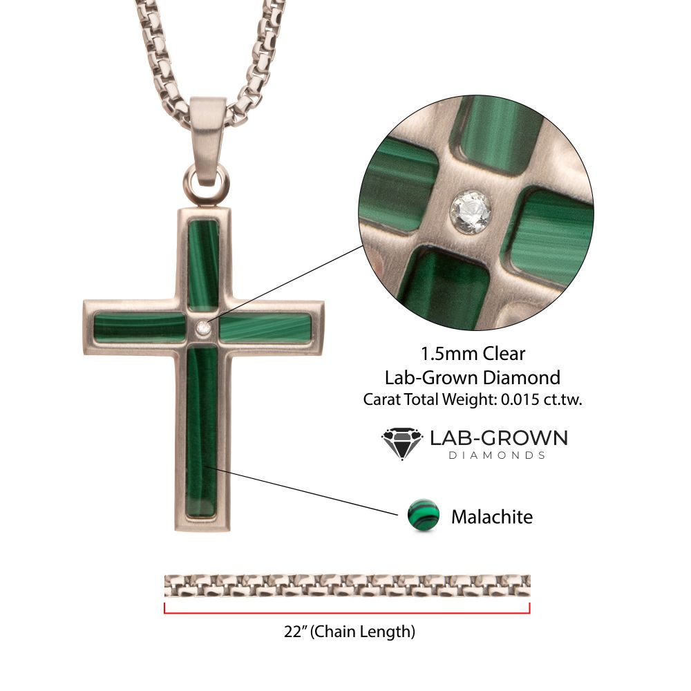 Stainless Steel Matte Finish Malachite Inlay & Lab-Grown Diamond Accented Cross Pendant Necklace on white background with chain and stone details listed