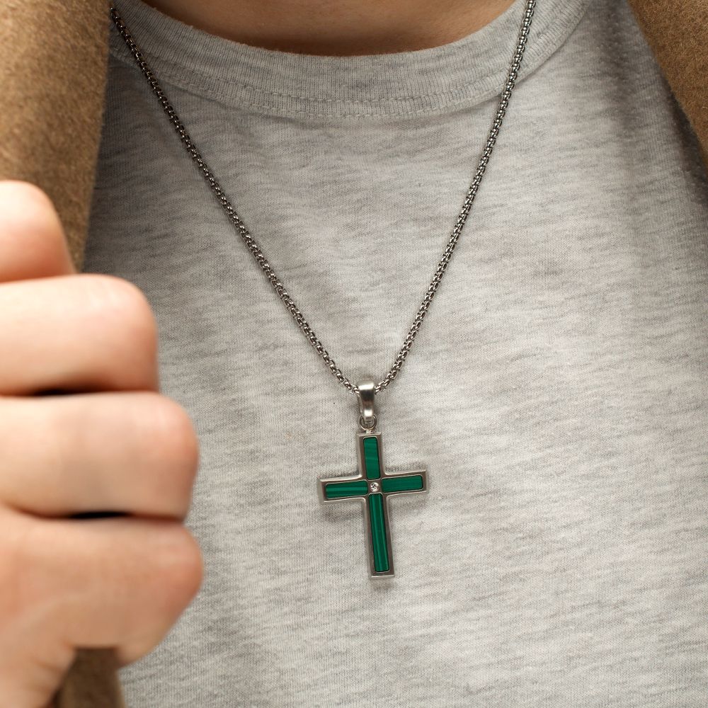 Stainless Steel Matte Finish Malachite Inlay & Lab-Grown Diamond Accented Cross Pendant Necklace on a model