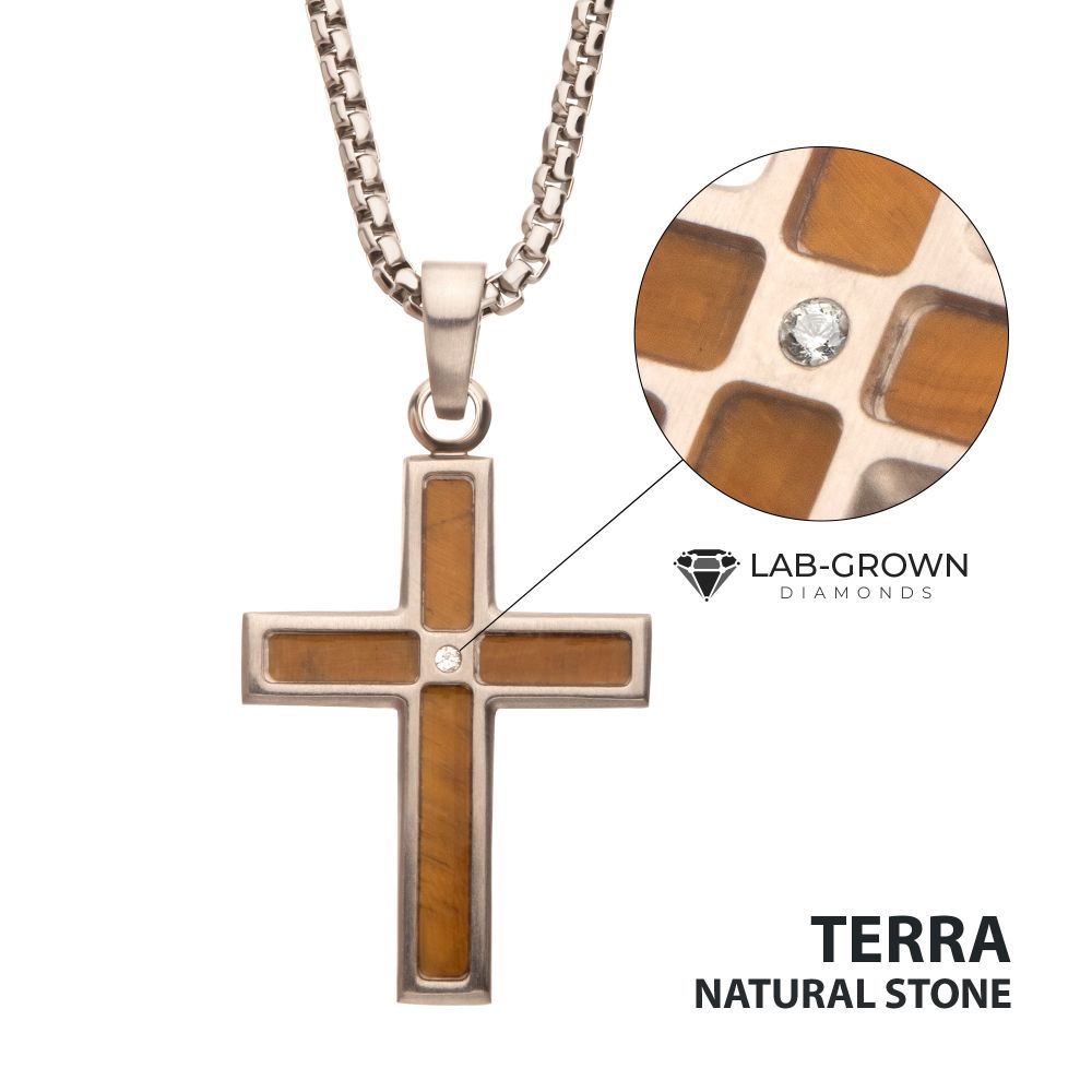 Stainless Steel Matte Finish Tiger's Eye Inlay & Lab-Grown Diamond Accented Cross Pendant Necklace on a white background with the collection title "TERRA"
