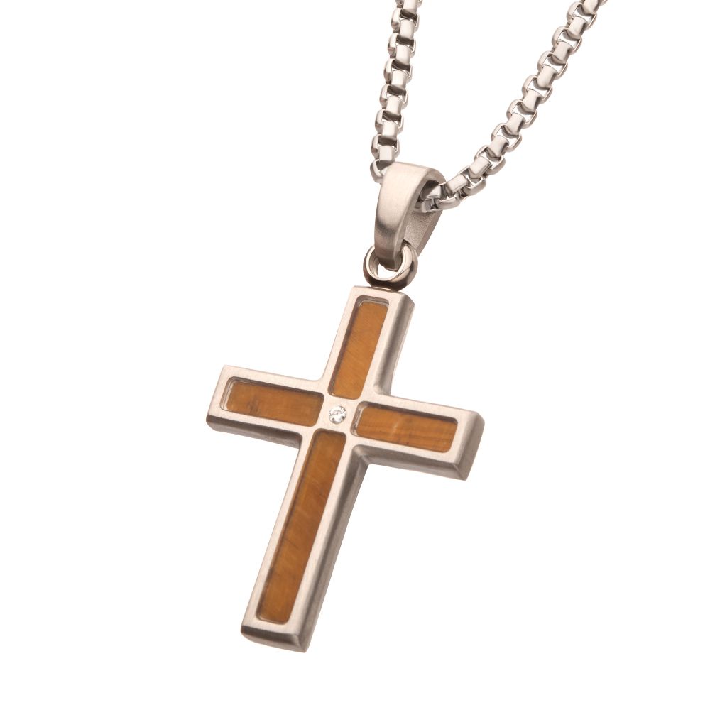 Angled view of Stainless Steel Matte Finish Tiger's Eye Inlay & Lab-Grown Diamond Accented Cross Pendant Necklace