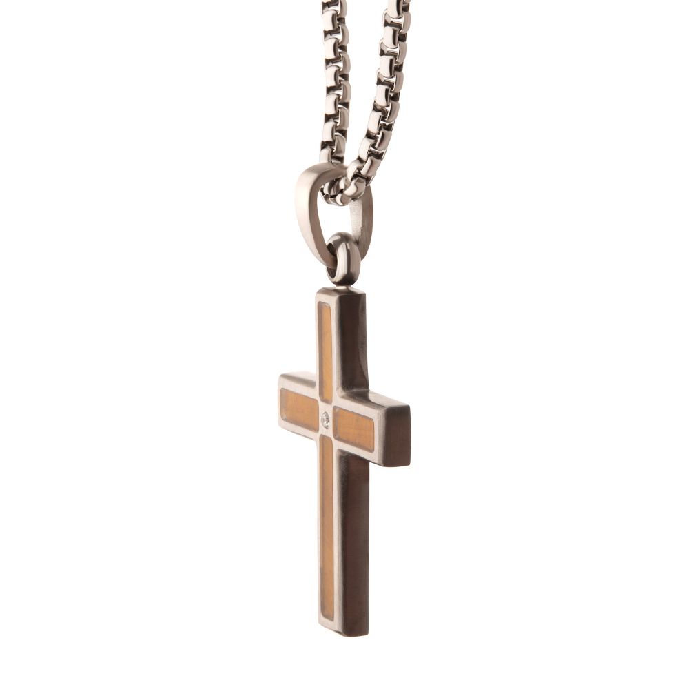 Side view of Stainless Steel Matte Finish Tiger's Eye Inlay & Lab-Grown Diamond Accented Cross Pendant Necklace