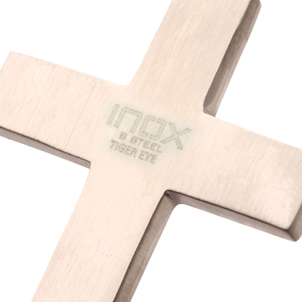 Back view of Stainless Steel Matte Finish Tiger's Eye Inlay & Lab-Grown Diamond Accented Cross Pendant Necklace