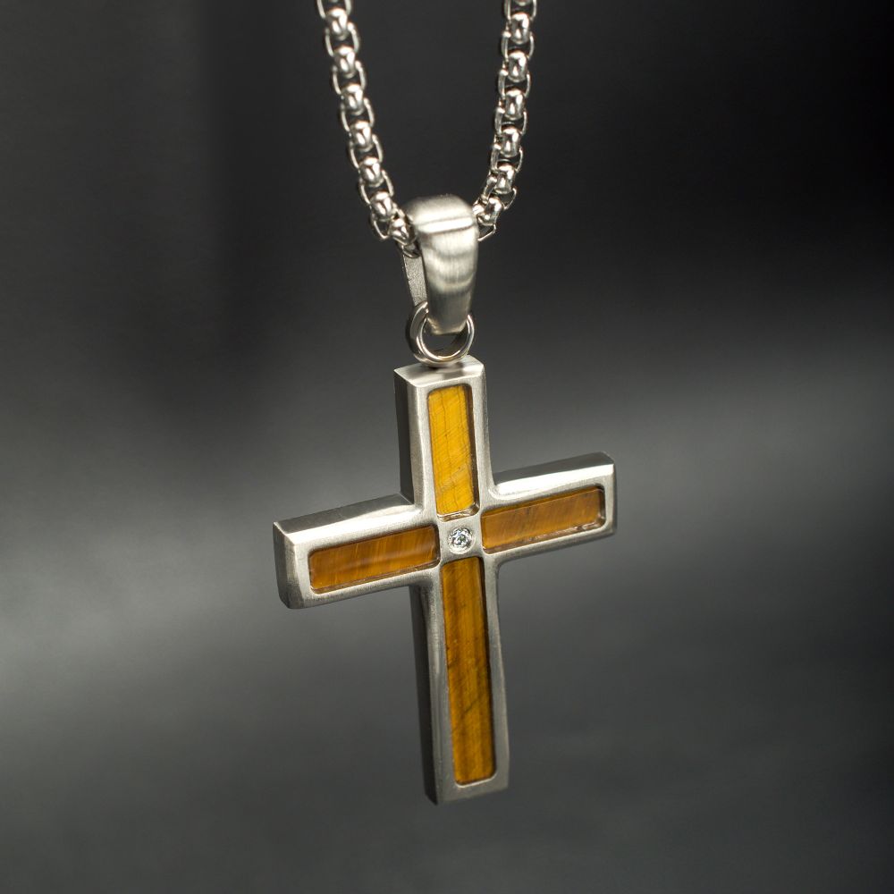 Stainless Steel Matte Finish Tiger's Eye Inlay & Lab-Grown Diamond Accented Cross Pendant Necklace on a gray background