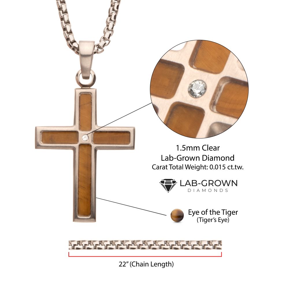 Stainless Steel Matte Finish Tiger's Eye Inlay & Lab-Grown Diamond Accented Cross Pendant Necklace on a white background with chain and stone details listed