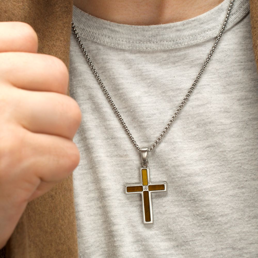 Stainless Steel Matte Finish Tiger's Eye Inlay & Lab-Grown Diamond Accented Cross Pendant Necklace on a model