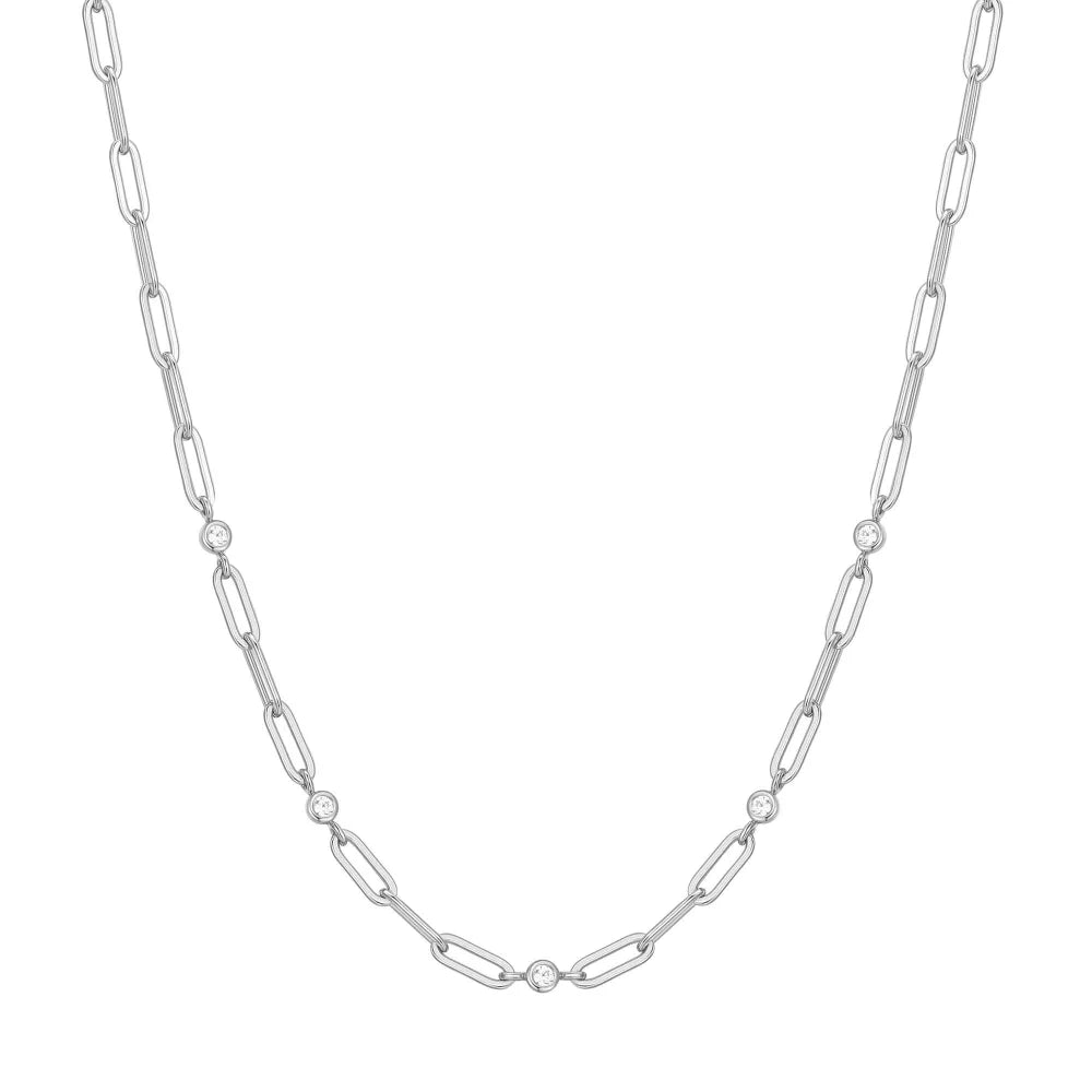 Front View Ania Haie Silver Bezel Station Paper Clip Chain Necklace
