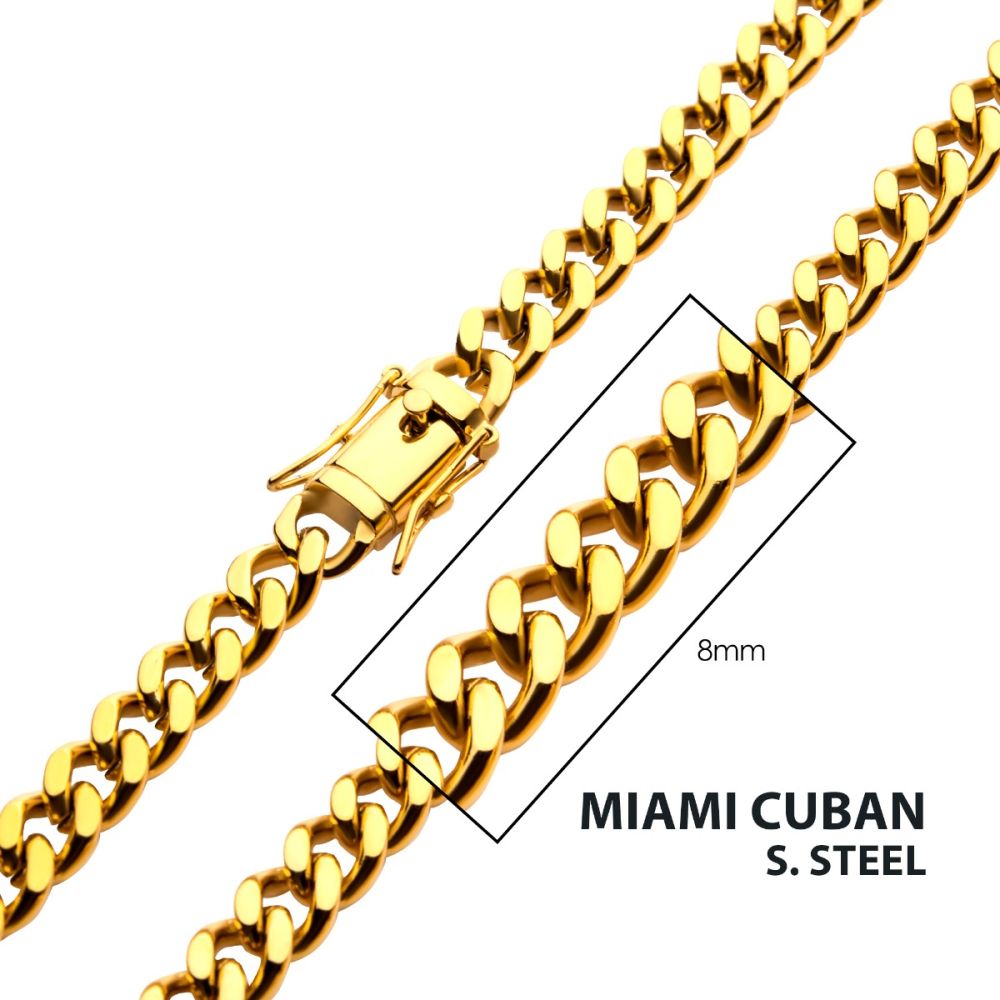 End clasp INOX 8mm 18Kt Gold IP Miami Cuban Chain Necklace 22 Inches