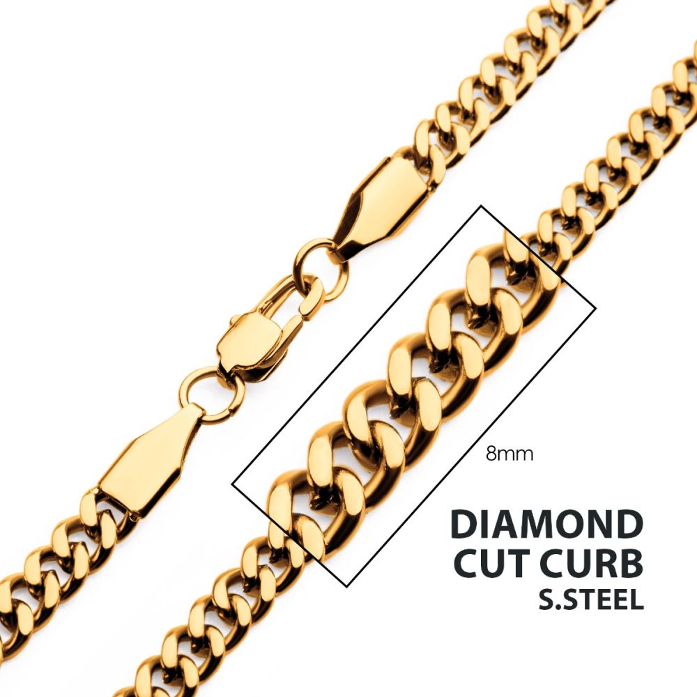 Clasp on 8mm 18Kt Gold IP Diamond Cut Curb Chain Necklace