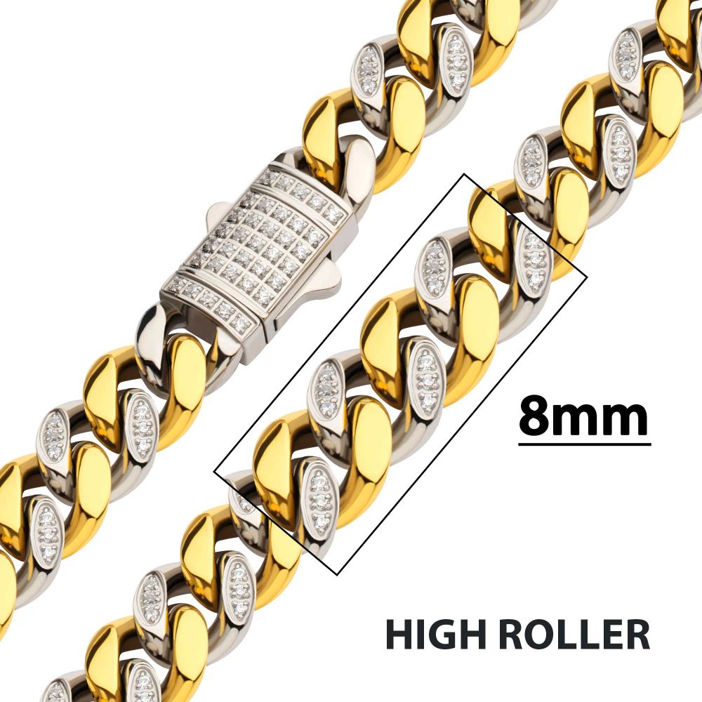 INOX Two Tone 8mm IP-Gold-Plated Steel Miami Cuban Chain CZ Necklace