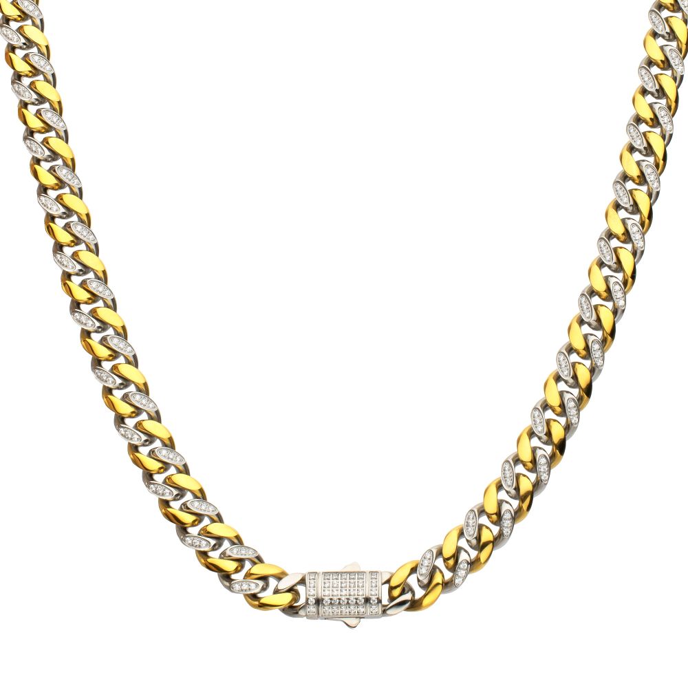 INOX Two Tone 8mm IP-Gold-Plated Steel Miami Cuban Chain CZ Necklace