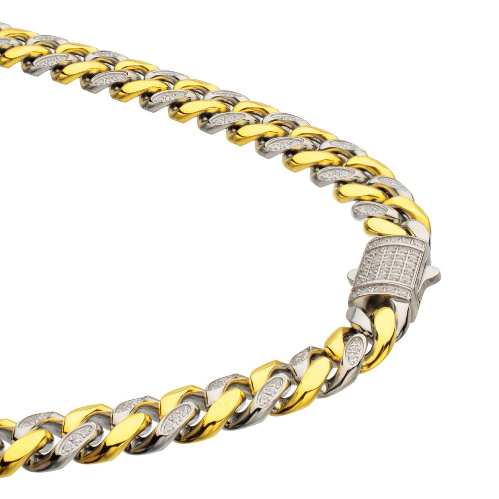 INOX Two Tone 8mm IP-Gold-Plated Steel Miami Cuban Chain CZ Necklace