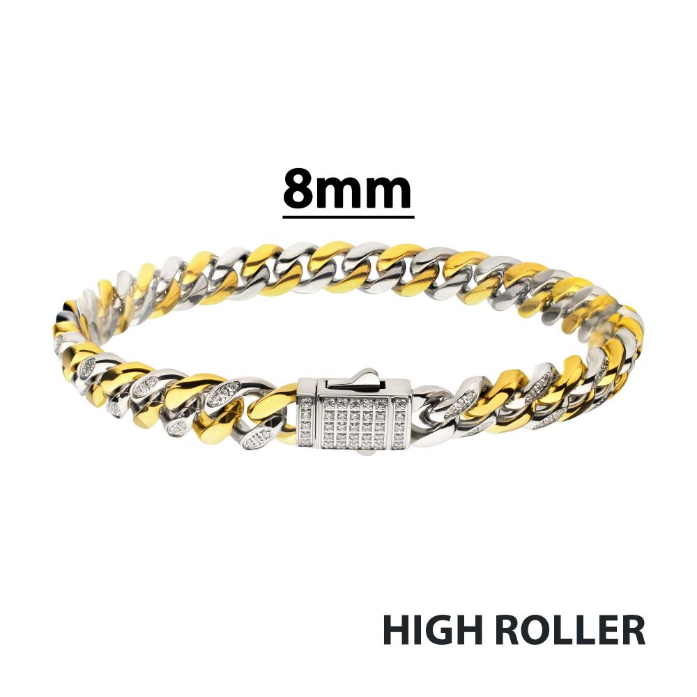 INOX Two Tone 8mm IP-Gold-Plated Stainless Steel Miami Cuban Chain CZ Bracelet