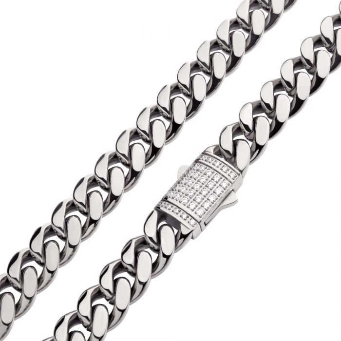 INOX Stainless Steel 24" Miami Cuban Chain Necklace with CZ Double Tab Box Clasp
