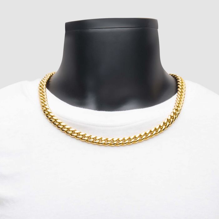 INOX Stainless Steel 10mm 18K Gold 24" IP Miami Cuban Chain Necklace with CZ Double Tab Box Clasp