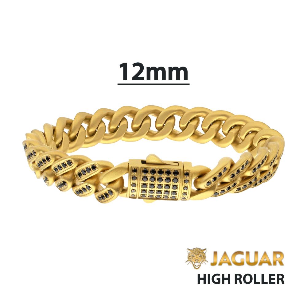 INOX 12mm IP-Gold-Plated Steel Cuban Bracelet with CNC-set Black Spinel Stones