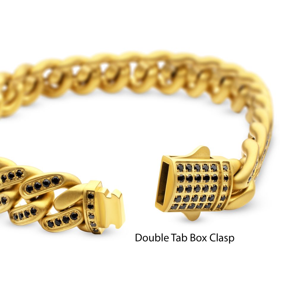 INOX 12mm IP-Gold-Plated Steel Cuban Bracelet with CNC-set Black Spinel Stones