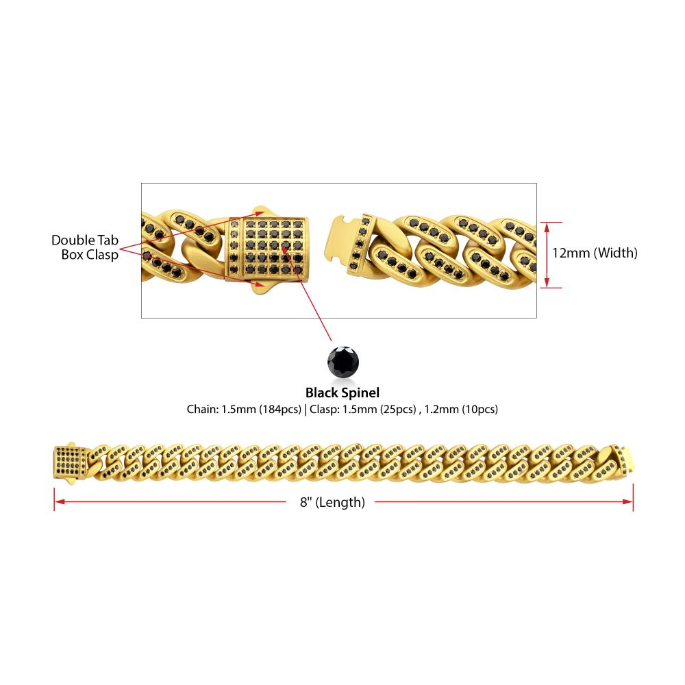 INOX 12mm IP-Gold-Plated Steel Cuban Bracelet with CNC-set Black Spinel Stones