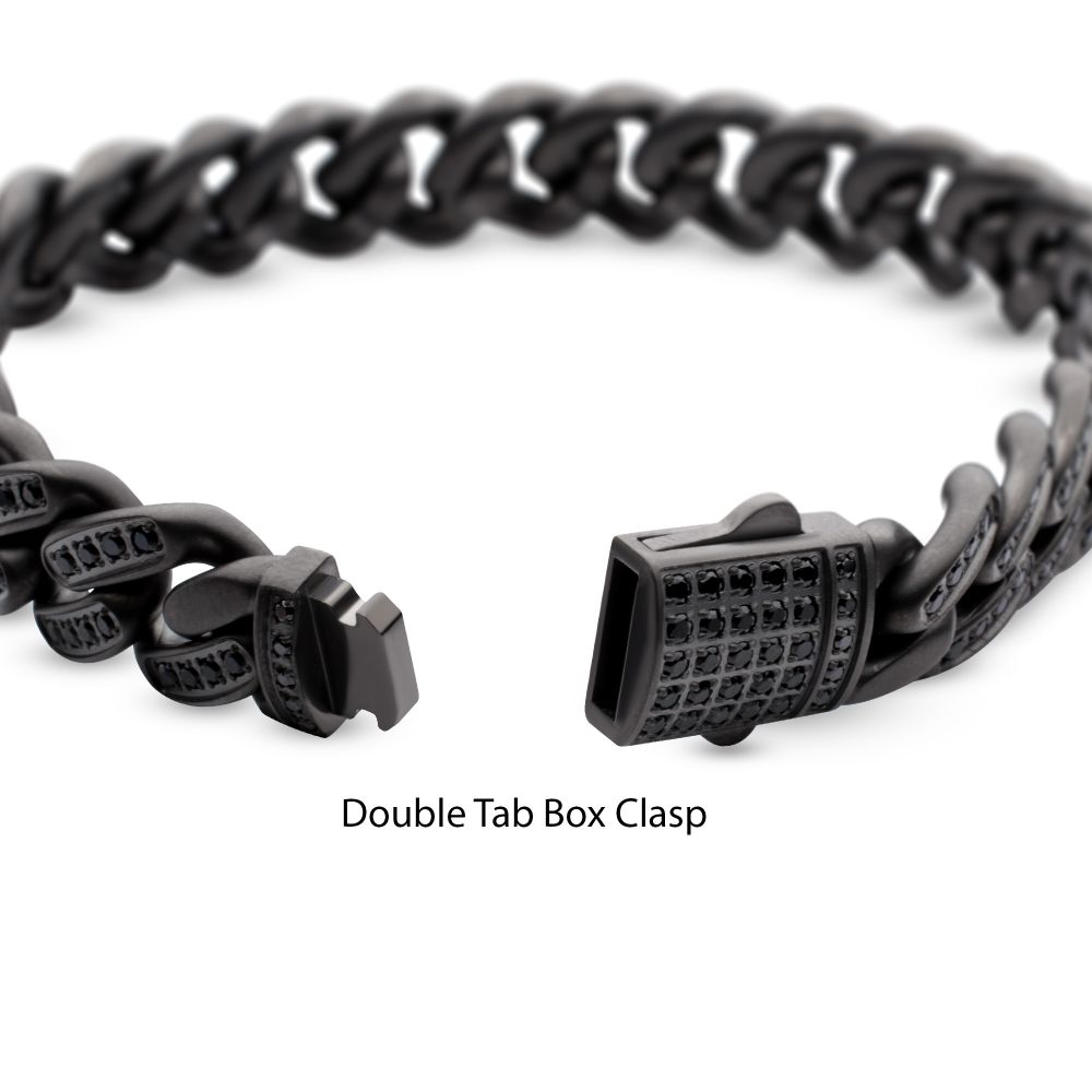 INOX 12mm Matte Gun Metal IP-Plated Steel Miami Cuban 8" Bracelet with Black Spinel Stones