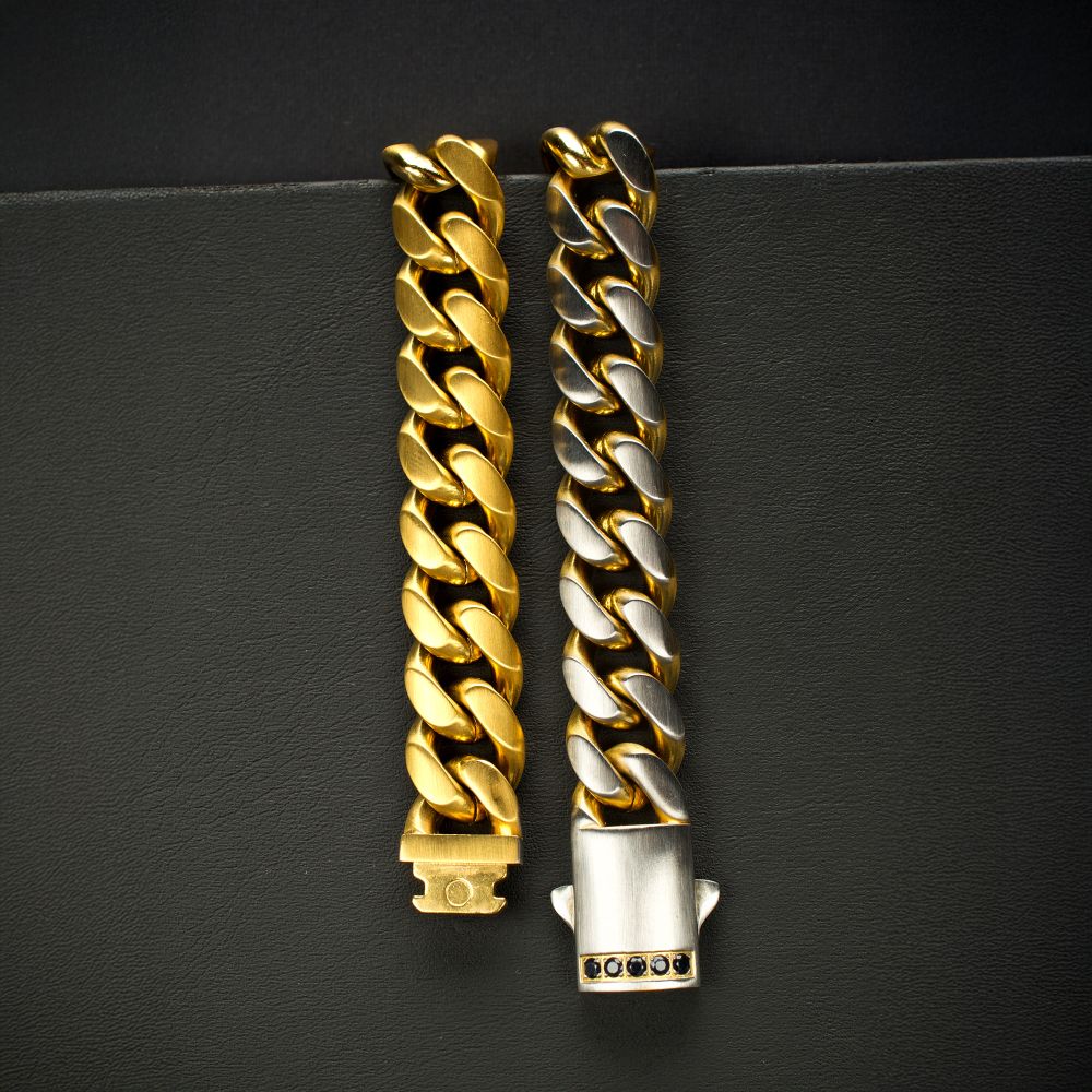 INOX Reversible IP-Gold-Plated and Stainless Steel 12mm Cuban Bracelet with Black Sapphire Accented Clasp