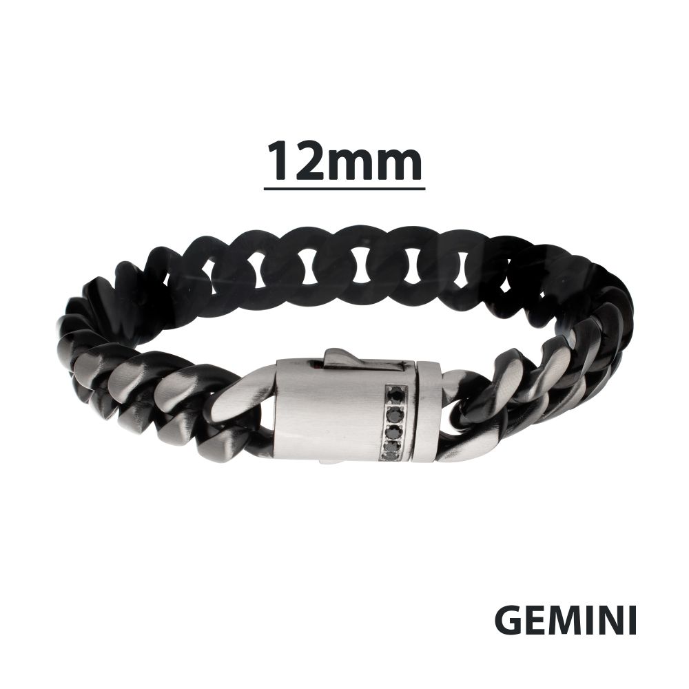INOX Reversible Black IP-Plated and Stainless Steel 12mm Cuban Bracelet with Black Sapphire Accented Clasp