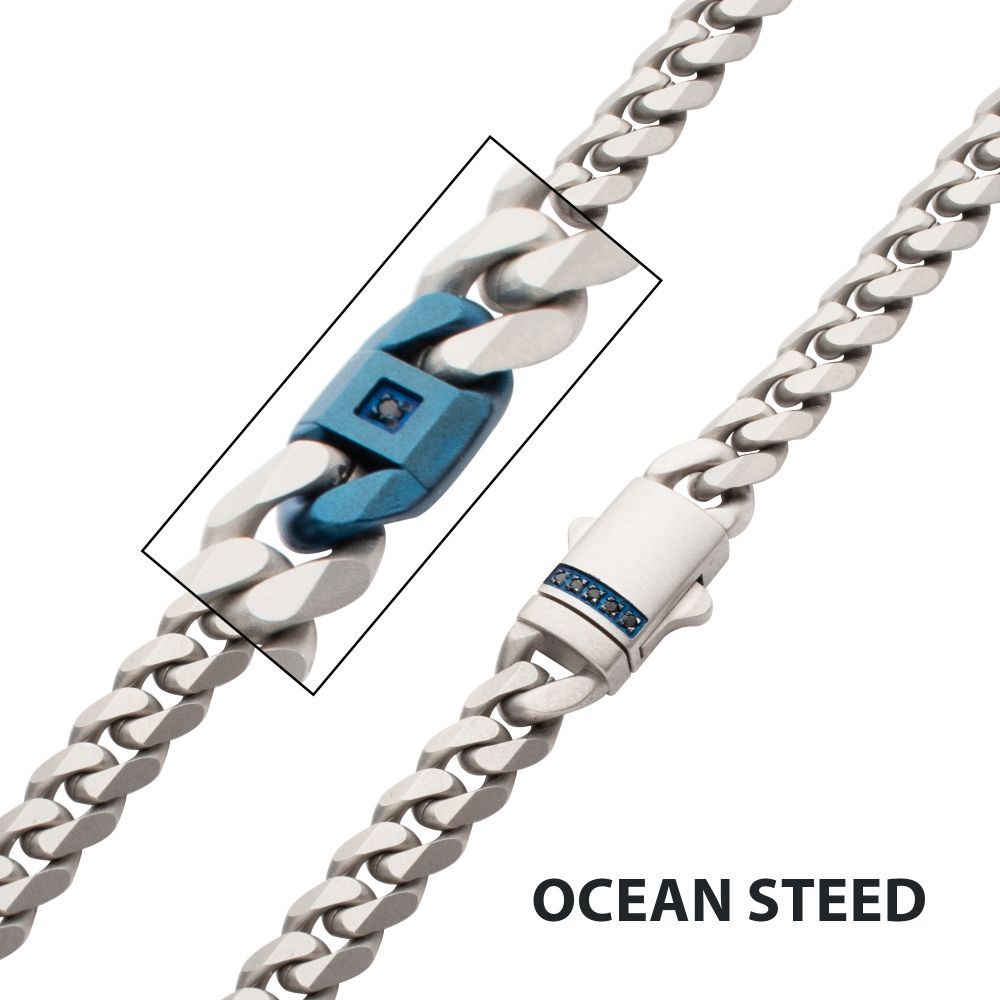 INOX Matte Stainless Steel and Blue IP-Plated Black Sapphire Accented Beveled Cuban Chain Necklace