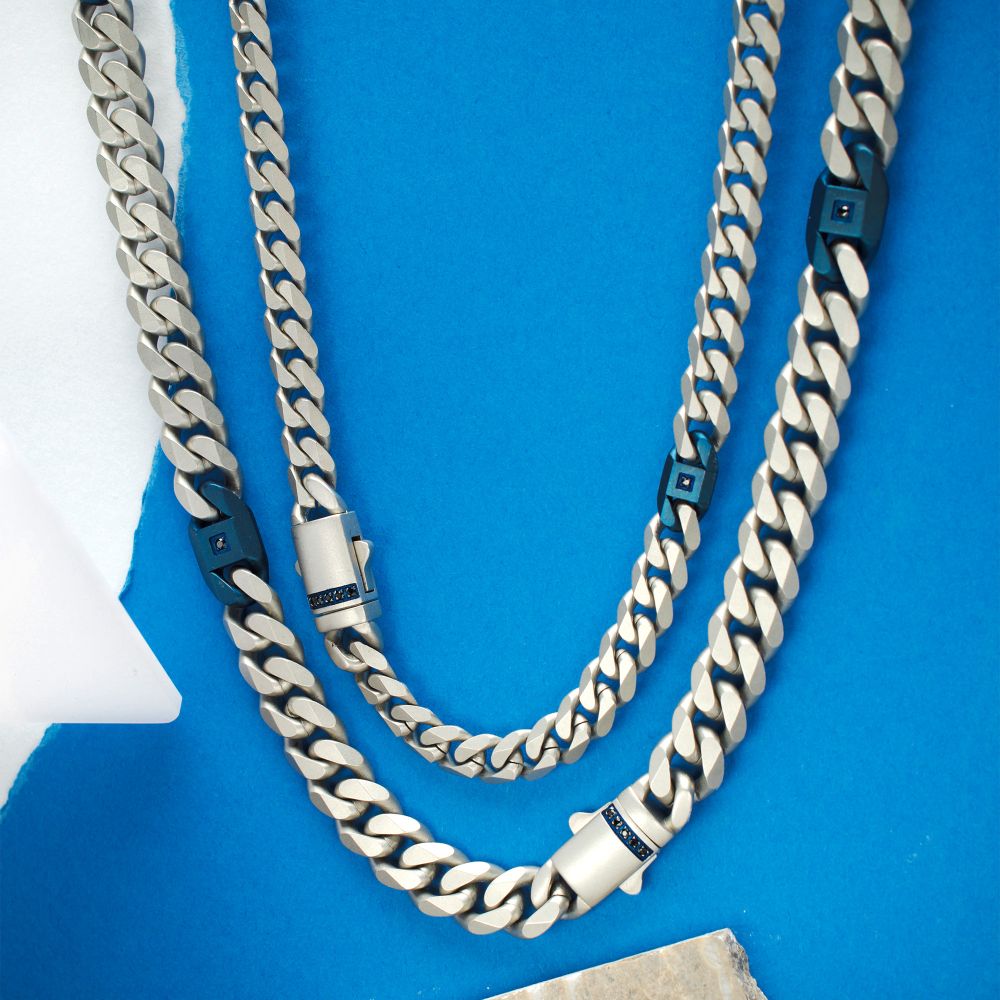 INOX Matte Stainless Steel and Blue IP-Plated Black Sapphire Accented Beveled Cuban Chain Necklace