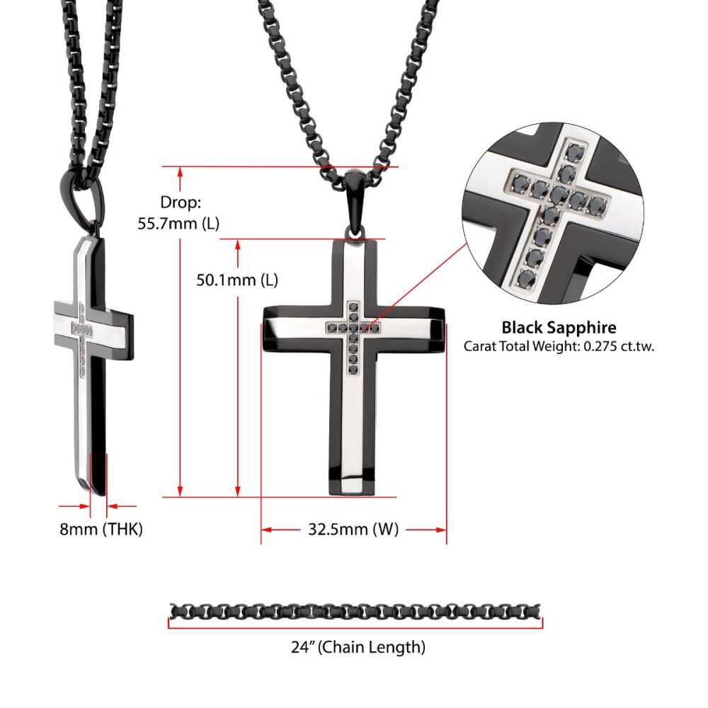 Black and silver cross pendant necklace with measurements and details on a white background